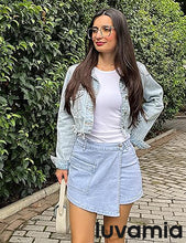 LUVAMIA Denim Skorts for Woman Cargo Faux Wrap Jean Skort Skirts Stretchy High Waisted Skirt Shorts