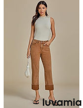 luvamia Straight Leg Jeans for Women Trendy Cropped High Waisted Cuffed Hem Stretchy Boyfriend Capri Jeans with Pockets