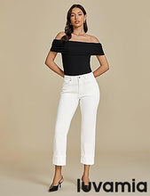 luvamia Straight Leg Jeans for Women Trendy Cropped High Waisted Cuffed Hem Stretchy Boyfriend Capri Jeans with Pockets