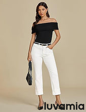 luvamia Straight Leg Jeans for Women Trendy Cropped High Waisted Cuffed Hem Stretchy Boyfriend Capri Jeans with Pockets