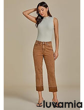 luvamia Straight Leg Jeans for Women Trendy Cropped High Waisted Cuffed Hem Stretchy Boyfriend Capri Jeans with Pockets