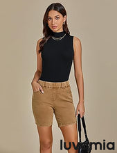 luvamia Jean Shorts for Women Trendy Pull On Mid Rise Elastic Waist Summer Casual Stretchy Long Denim Walking Shorts