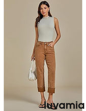 luvamia Straight Leg Jeans for Women Trendy Cropped High Waisted Cuffed Hem Stretchy Boyfriend Capri Jeans with Pockets