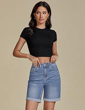 luvamia Jean Shorts for Women High Waisted Trendy Causal Summer Fold Hem Stretchy Long Denim Shorts 7 Inch Inseam