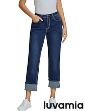 luvamia Straight Leg Jeans for Women Trendy Cropped High Waisted Cuffed Hem Stretchy Boyfriend Capri Jeans with Pockets