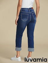 luvamia Straight Leg Jeans for Women Trendy Cropped High Waisted Cuffed Hem Stretchy Boyfriend Capri Jeans with Pockets