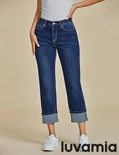 luvamia Straight Leg Jeans for Women Trendy Cropped High Waisted Cuffed Hem Stretchy Boyfriend Capri Jeans with Pockets
