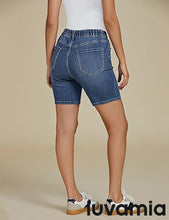 luvamia Jean Shorts for Women Trendy Pull On Mid Rise Elastic Waist Summer Casual Stretchy Long Denim Walking Shorts