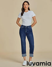 luvamia Straight Leg Jeans for Women Trendy Cropped High Waisted Cuffed Hem Stretchy Boyfriend Capri Jeans with Pockets