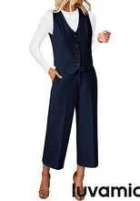 luvamia Pant Suits for Women Dressy Casual 2 Piece Sets Sleeveless Blazer Vest with Wide Leg Capri Pants Work Outfit