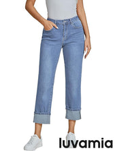 luvamia Straight Leg Jeans for Women Trendy Cropped High Waisted Cuffed Hem Stretchy Boyfriend Capri Jeans with Pockets