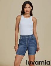 luvamia Jean Shorts for Women Trendy Pull On Mid Rise Elastic Waist Summer Casual Stretchy Long Denim Walking Shorts