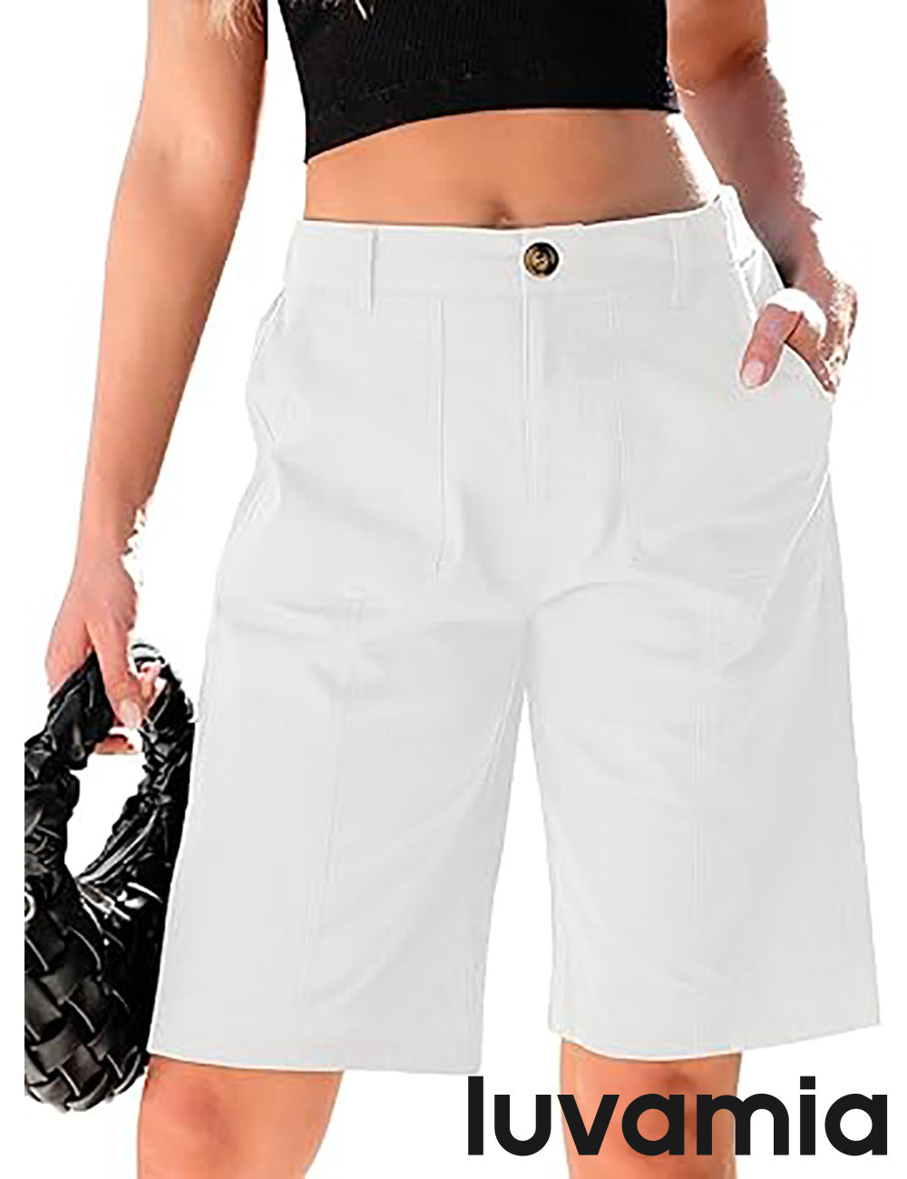 luvamia Bermuda Shorts for Women Knee Length High Waisted Cotton Elastic Wasit Summer Dressy Casual Long Chino Shorts