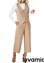 luvamia Pant Suits for Women Dressy Casual 2 Piece Sets Sleeveless Blazer Vest with Wide Leg Capri Pants Work Outfit