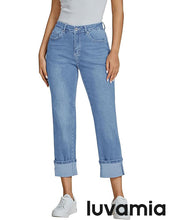 luvamia Straight Leg Jeans for Women Trendy Cropped High Waisted Cuffed Hem Stretchy Boyfriend Capri Jeans with Pockets