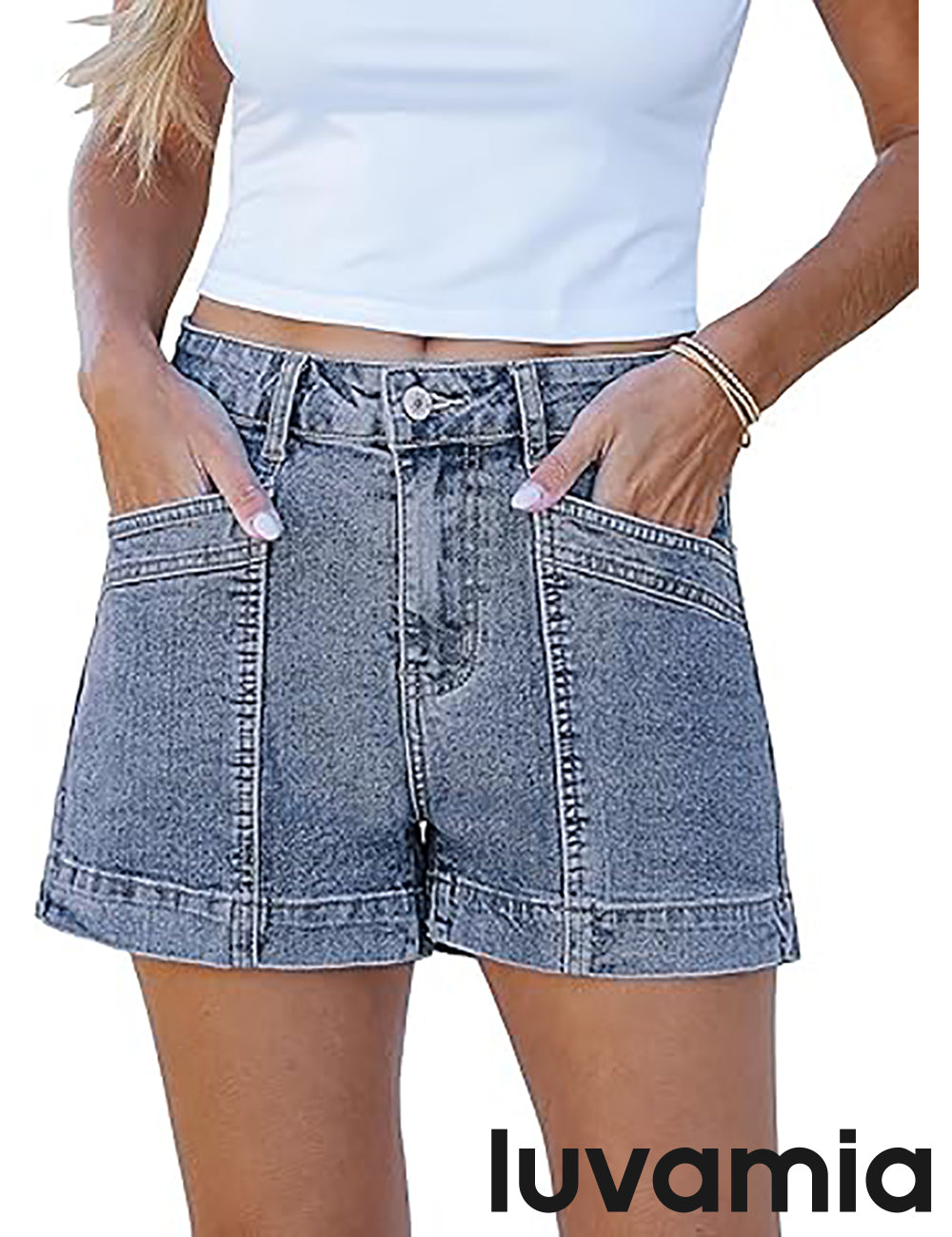 luvamia Jean Shorts for Women High Waisted Stretchy Denim Jorts Trendy Casual Distressed Cut Off Shorts with Pockets