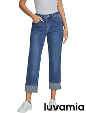luvamia Straight Leg Jeans for Women Trendy Cropped High Waisted Cuffed Hem Stretchy Boyfriend Capri Jeans with Pockets