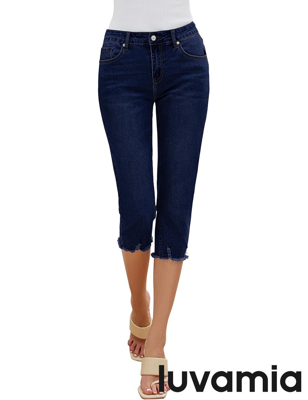 luvamia Jean Capri Pants for Women High Waisted Ripped Skinny Jeans Stretchy Denim Capris Cropped Jeggings with Pockets