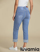 luvamia Straight Leg Jeans for Women Trendy Cropped High Waisted Cuffed Hem Stretchy Boyfriend Capri Jeans with Pockets