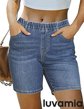 luvamia Jean Shorts for Women Trendy Pull On Mid Rise Elastic Waist Summer Casual Stretchy Long Denim Walking Shorts