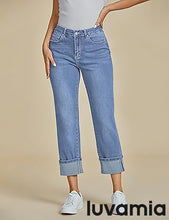 luvamia Straight Leg Jeans for Women Trendy Cropped High Waisted Cuffed Hem Stretchy Boyfriend Capri Jeans with Pockets