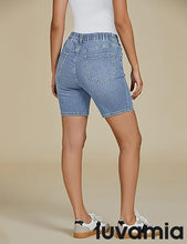 luvamia Jean Shorts for Women Trendy Pull On Mid Rise Elastic Waist Summer Casual Stretchy Long Denim Walking Shorts