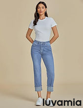 luvamia Straight Leg Jeans for Women Trendy Cropped High Waisted Cuffed Hem Stretchy Boyfriend Capri Jeans with Pockets