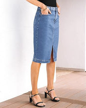 luvamia Jean Skirts for Women Denim Trendy Summer Casual Stretchy High Waisted Midi Below Knee Pencil Skirt with Slit