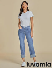 luvamia Straight Leg Jeans for Women Trendy Cropped High Waisted Cuffed Hem Stretchy Boyfriend Capri Jeans with Pockets