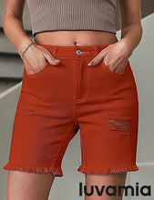 luvamia Jean Shorts for Women High Waisted Trendy Casual Distressed Stretchy Denim Long Shorts Ripped Raw Hem Shorts