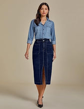LUVAMIA Women's Skirts High Waisted Below Knee Split Hem Denim Bodycon Midi