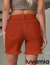 luvamia Jean Shorts for Women High Waisted Trendy Casual Distressed Stretchy Denim Long Shorts Ripped Raw Hem Shorts