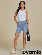 luvamia Jean Shorts for Women Trendy Pull On Mid Rise Elastic Waist Summer Casual Stretchy Long Denim Walking Shorts