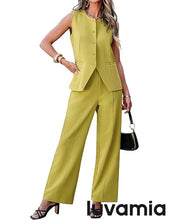 luvamia Vest Pants Suits for Women Dressy 2 Piece Business Casual Outfits Sleeveless Blazer Wide Leg Pants Pantsuit Sets