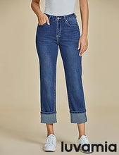 luvamia Straight Leg Jeans for Women Trendy Cropped High Waisted Cuffed Hem Stretchy Boyfriend Capri Jeans with Pockets
