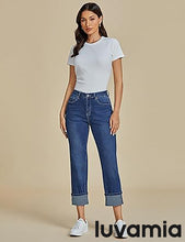 luvamia Straight Leg Jeans for Women Trendy Cropped High Waisted Cuffed Hem Stretchy Boyfriend Capri Jeans with Pockets