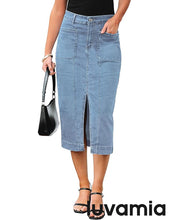 LUVAMIA Women's Skirts High Waisted Below Knee Split Hem Denim Bodycon Midi