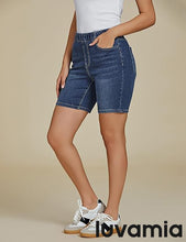 luvamia Jean Shorts for Women Trendy Pull On Mid Rise Elastic Waist Summer Casual Stretchy Long Denim Walking Shorts