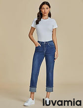 luvamia Straight Leg Jeans for Women Trendy Cropped High Waisted Cuffed Hem Stretchy Boyfriend Capri Jeans with Pockets