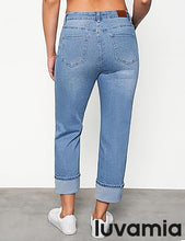 luvamia Straight Leg Jeans for Women Trendy Cropped High Waisted Cuffed Hem Stretchy Boyfriend Capri Jeans with Pockets