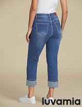 luvamia Straight Leg Jeans for Women Trendy Cropped High Waisted Cuffed Hem Stretchy Boyfriend Capri Jeans with Pockets