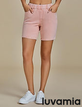 luvamia Jean Shorts for Women Trendy Pull On Mid Rise Elastic Waist Summer Casual Stretchy Long Denim Walking Shorts