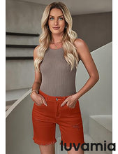 luvamia Jean Shorts for Women High Waisted Trendy Casual Distressed Stretchy Denim Long Shorts Ripped Raw Hem Shorts