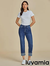 luvamia Straight Leg Jeans for Women Trendy Cropped High Waisted Cuffed Hem Stretchy Boyfriend Capri Jeans with Pockets