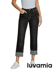 luvamia Straight Leg Jeans for Women Trendy Cropped High Waisted Cuffed Hem Stretchy Boyfriend Capri Jeans with Pockets