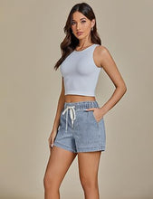 luvamia Jean Shorts for Women High Waisted Pull On Drawstring Elastic Waist Trendy Stretchy Denim Jorts Summer Shorts