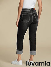 luvamia Straight Leg Jeans for Women Trendy Cropped High Waisted Cuffed Hem Stretchy Boyfriend Capri Jeans with Pockets