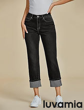 luvamia Straight Leg Jeans for Women Trendy Cropped High Waisted Cuffed Hem Stretchy Boyfriend Capri Jeans with Pockets