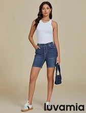 luvamia Jean Shorts for Women Trendy Pull On Mid Rise Elastic Waist Summer Casual Stretchy Long Denim Walking Shorts
