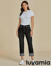 luvamia Straight Leg Jeans for Women Trendy Cropped High Waisted Cuffed Hem Stretchy Boyfriend Capri Jeans with Pockets